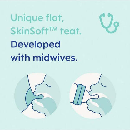 Illustration of MAM SkinSoft teat, emphasizing its unique flat design and development with midwives for baby feeding.
