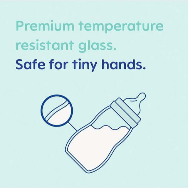 MAM glass baby bottle showcasing premium temperature-resistant glass, safe for tiny hands.