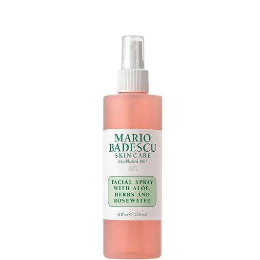 Mario Badescu Facial Spray with Aloe, Herbs & Rosewater in an 8 oz bottle for hydration and skin refreshment.