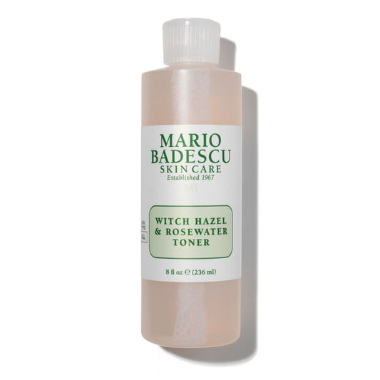 Bottle of Mario Badescu Witch Hazel & Rosewater Toner on a white background