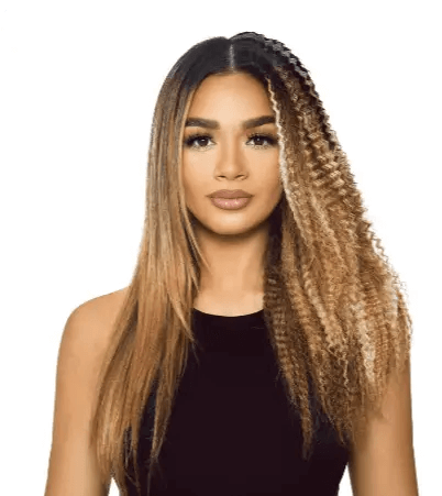 Woman showcasing hair styled with Mark Hill Pick n Mix Crimper Barrel, featuring volume and crimps on one side.