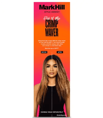 Mark Hill Pick n Mix Crimper Barrel packaging showcasing before and after wavy hairstyles. Handle sold separately.