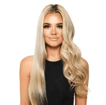 Model showcasing beautiful long, wavy blonde hair styled using Mark Hill Pick 'N' Mix Easy Tong Barrel.
