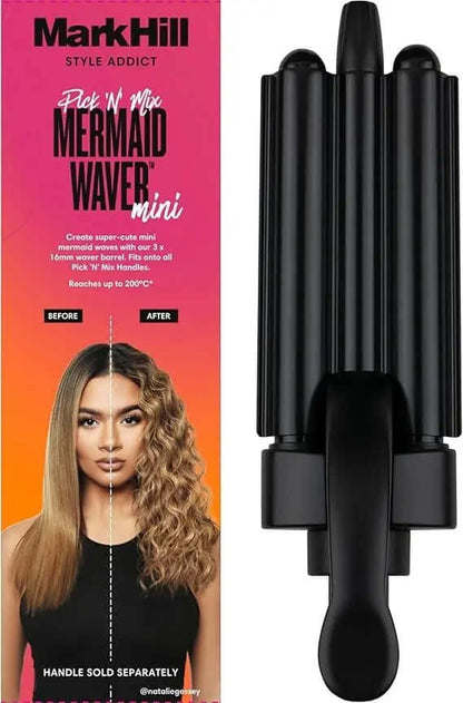 Mark Hill Pick 'N' Mix Mini Mermaid Waver, compact styling tool for effortless beachy waves, before and after styling results.