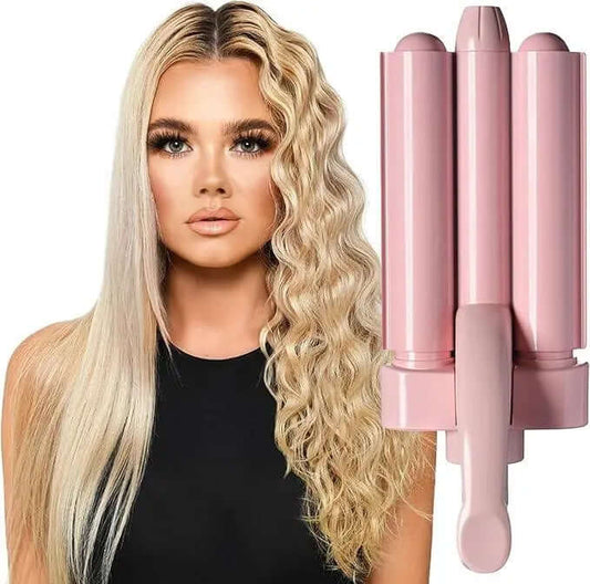 Mark Hill Pretty In Pink Mermaid Waver™ 21mm for defined beachy waves, showcased beside a model with styled hair.