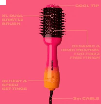 Mark Hill Style Addict Hot Air Brush features, including XL dual bristle brush, ceramic coating, and three heat settings.