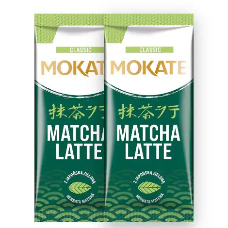 Mokate Classic Matcha Latte packets with vibrant green packaging for a smooth beverage experience.