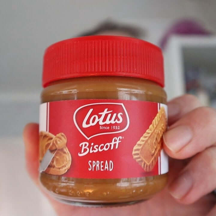 Lotus Biscoff Smooth Spread jar, a delicious treat made from caramelized biscuits, perfect for snacking.