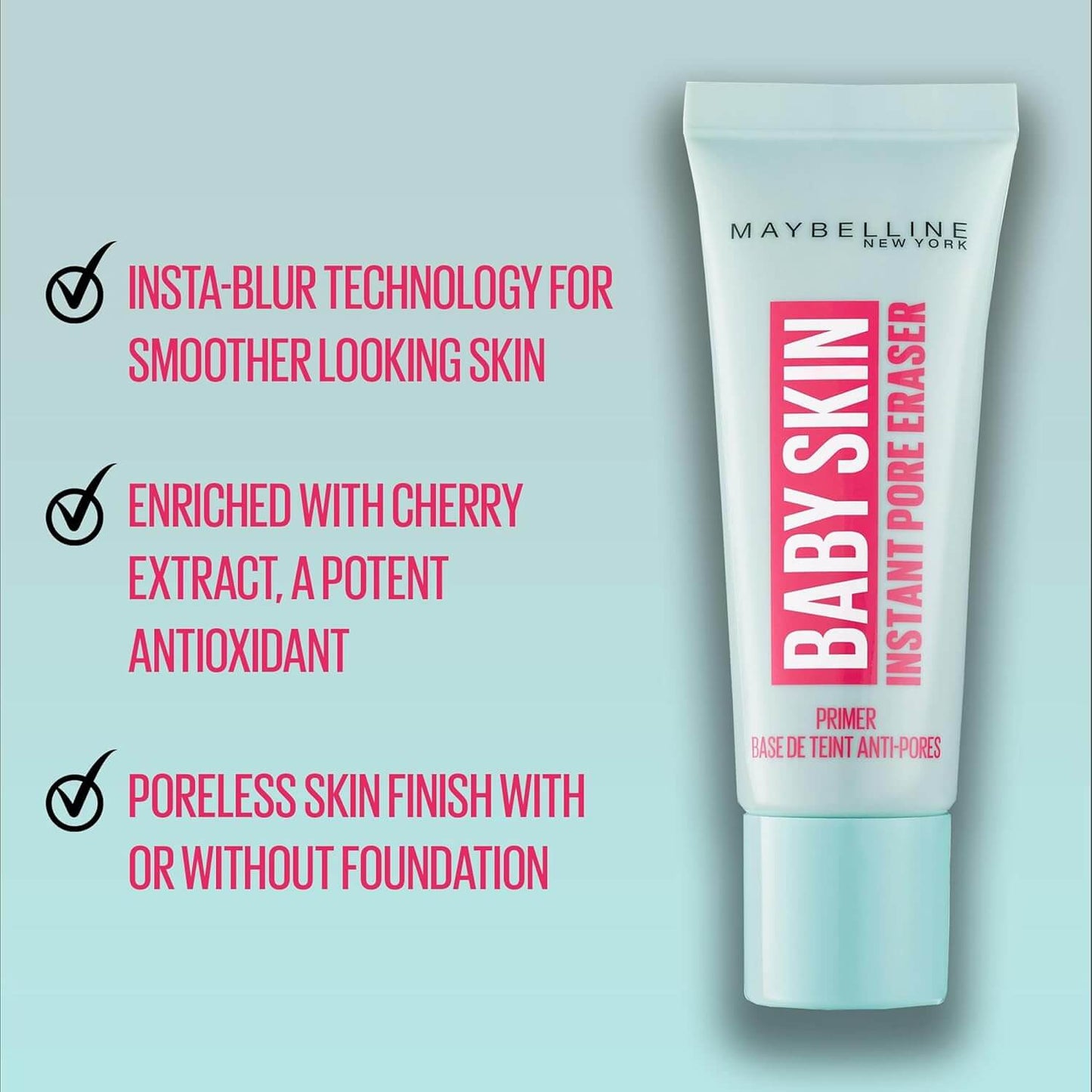 Maybelline Baby Skin Instant Pore Eraser tube on a light blue background with product features listed.
