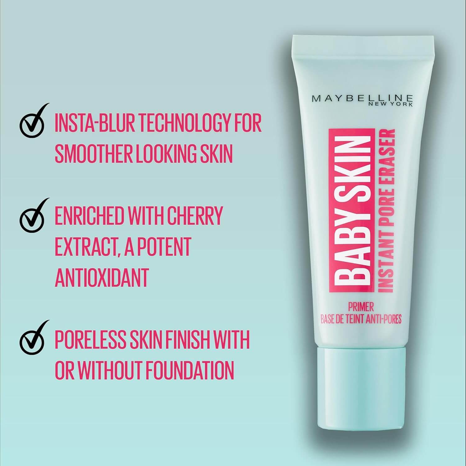 Maybelline Baby Skin Instant Pore Eraser tube on a light blue background with product features listed.