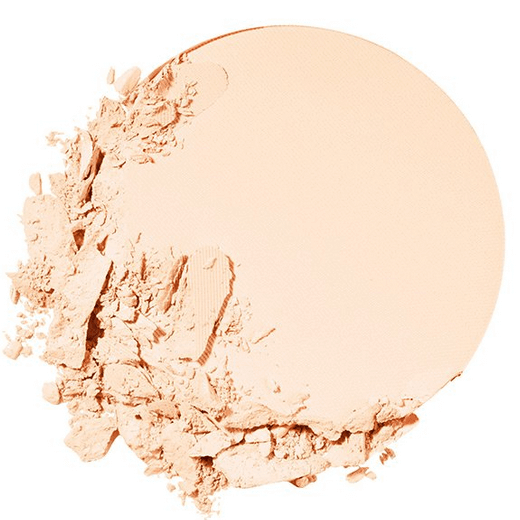 Fit Me Matte + Poreless Pressed Powder in a round compact with a smooth, light beige texture and scattered powder.