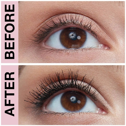 Before and after comparison of eyelashes using Maybelline Lash Sensational Sky High Waterproof Mascara.