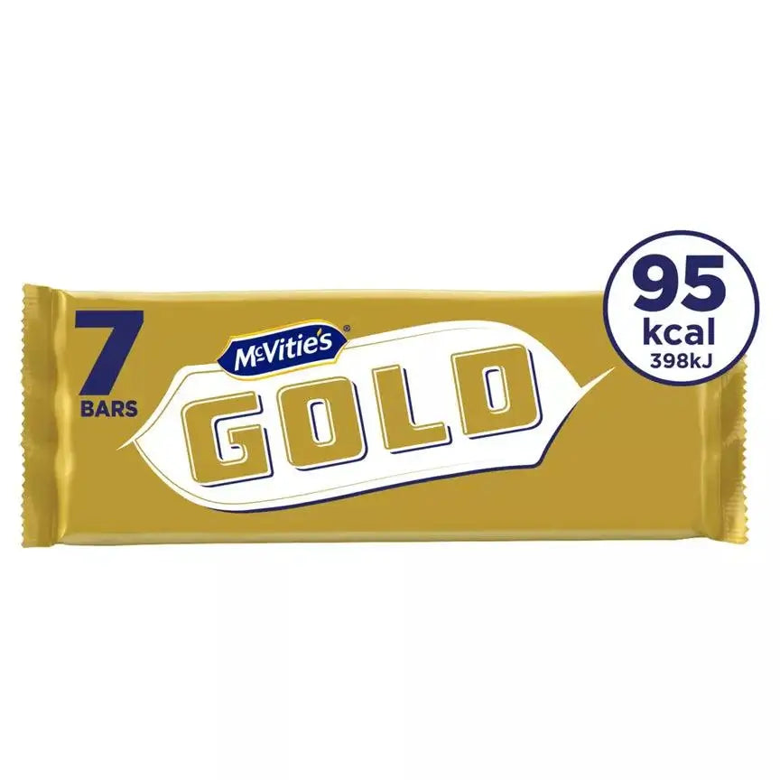 McVitie's Gold Caramel Biscuit Bars Multipack, 7 bars, 95 kcal per bar, suitable for vegetarians.