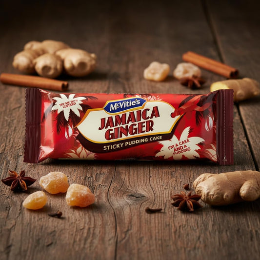 A McVities Jamaica Ginger sticky pudding cake in its red wrapper, styled on a rustic wooden table with ginger roots, star anise, cinnamon sticks, and candied fruit pieces.