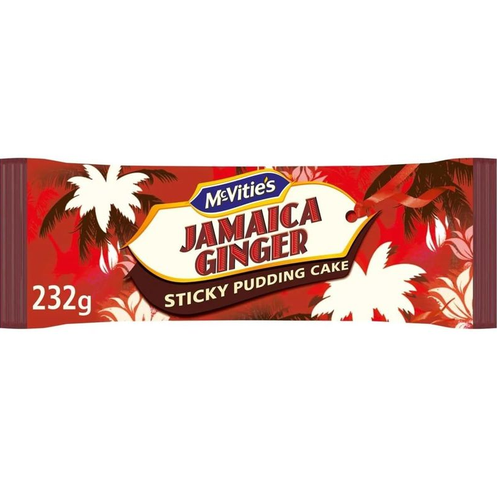McVities Jamaica Ginger Sticky Pudding Cake in a red tropical-themed wrapper with white palm tree illustrations.