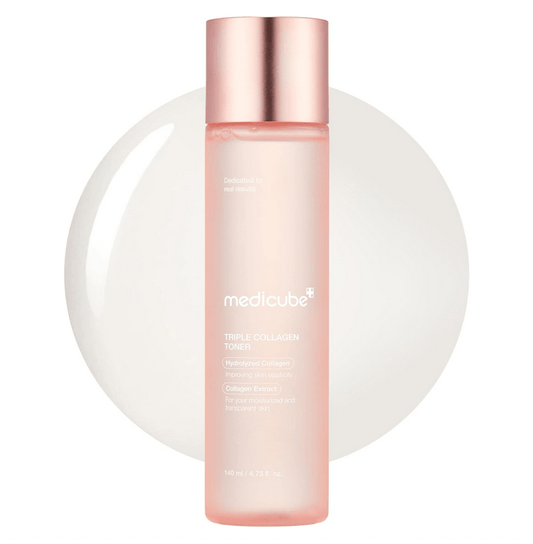 Skincare bottle with rose gold cap on a white background