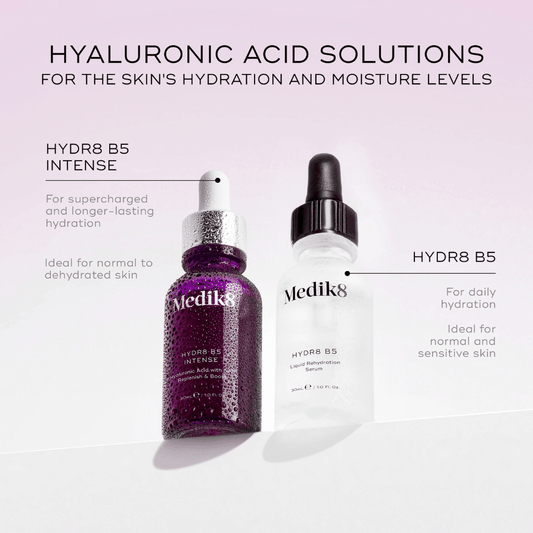 Medik8 Hydr8 B5 Intense and Hydr8 B5 serums for hydration and moisture levels, ideal for various skin types.