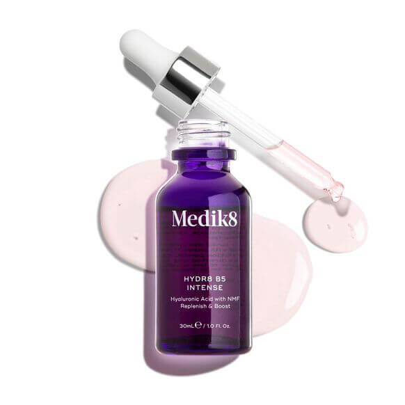 Medik8 Hydr8 B5 Intense 30ml serum bottle with dropper and hyaluronic acid, promoting deep hydration and skin revitalization.