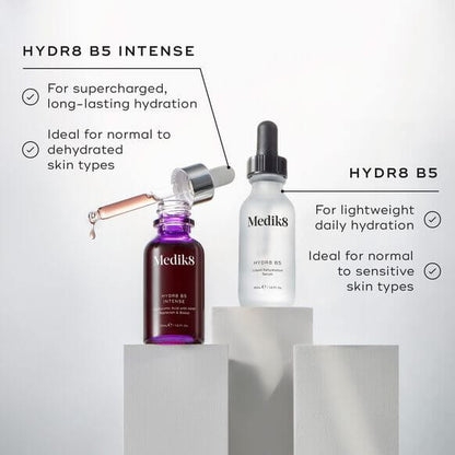 Medik8 Hydr8 B5 Intense and B5 serum bottles with hydration benefits for various skin types.