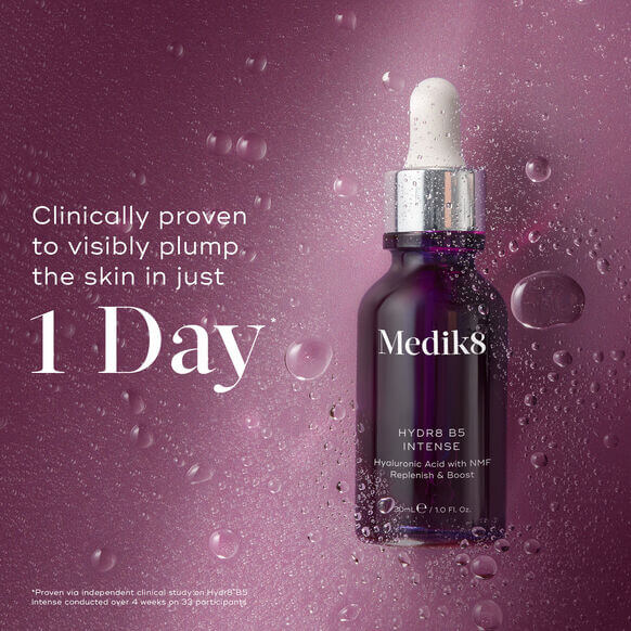 Medik8 Hydr8 B5 Intense serum bottle with droplets, promoting deep skin hydration and visible plumping in 1 day.