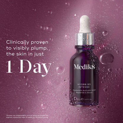 Medik8 Hydr8 B5 Intense serum bottle with droplets, promoting deep skin hydration and visible plumping in 1 day.