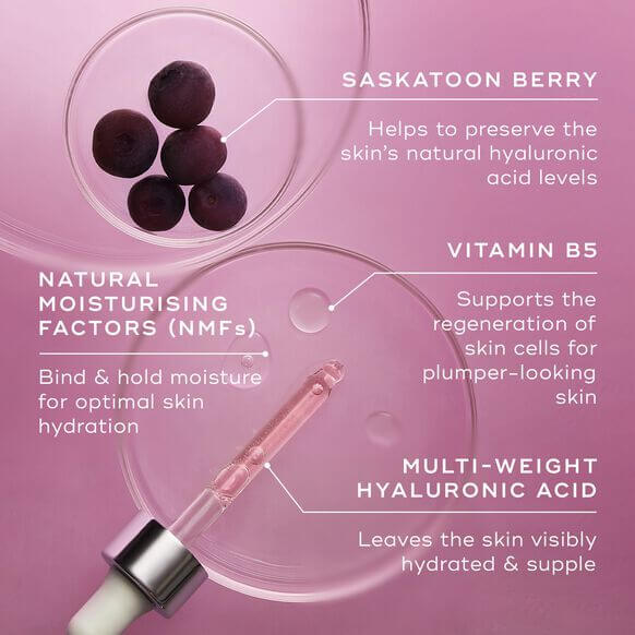 Medik8 Saskatoon berry, vitamin B5, and multi-weight hyaluronic acid benefits for deep skin hydration and revitalization.