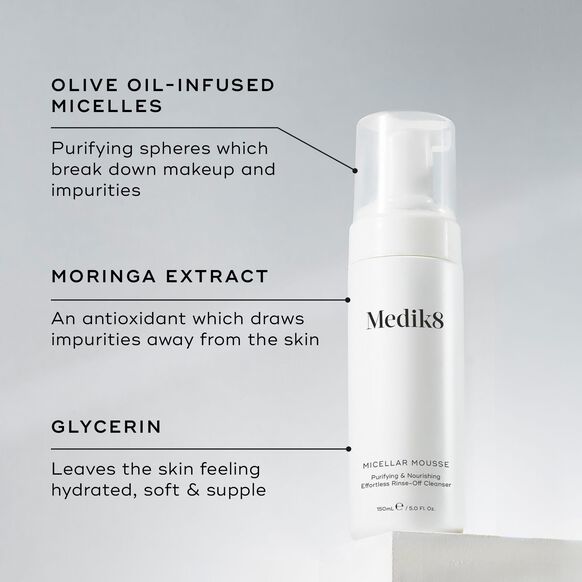 Medik8 Micellar Mousse with Olive Oil, Moringa Extract, and Glycerin for deep cleansing and revitalized skin.