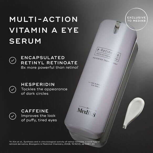 Multi-action vitamin A eye serum by Medik8 with product details on a dark background