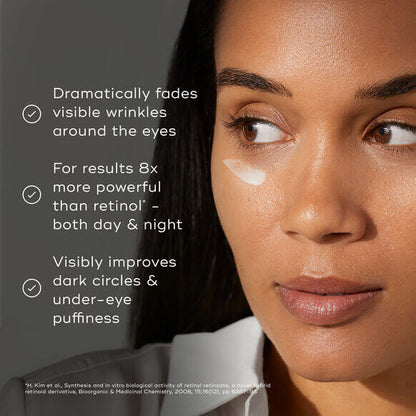 Woman's face with text highlighting Medik8 skincare product benefits