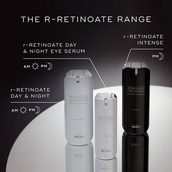 Medik8 Medibio r-Retinoate skincare product range on a reflective surface with a dark background