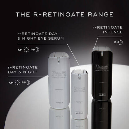 Medik8 Medibio r-Retinoate skincare product range on a reflective surface with a dark background
