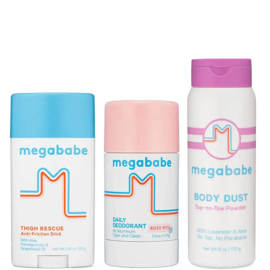 Megababe Best Selling Trio including Thigh Rescue, Daily Deodorant, and Body Dust for confidence and comfort.