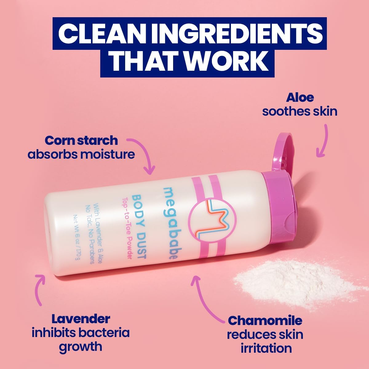 Megababe body dust bottle with text highlighting clean ingredients on a pink background
