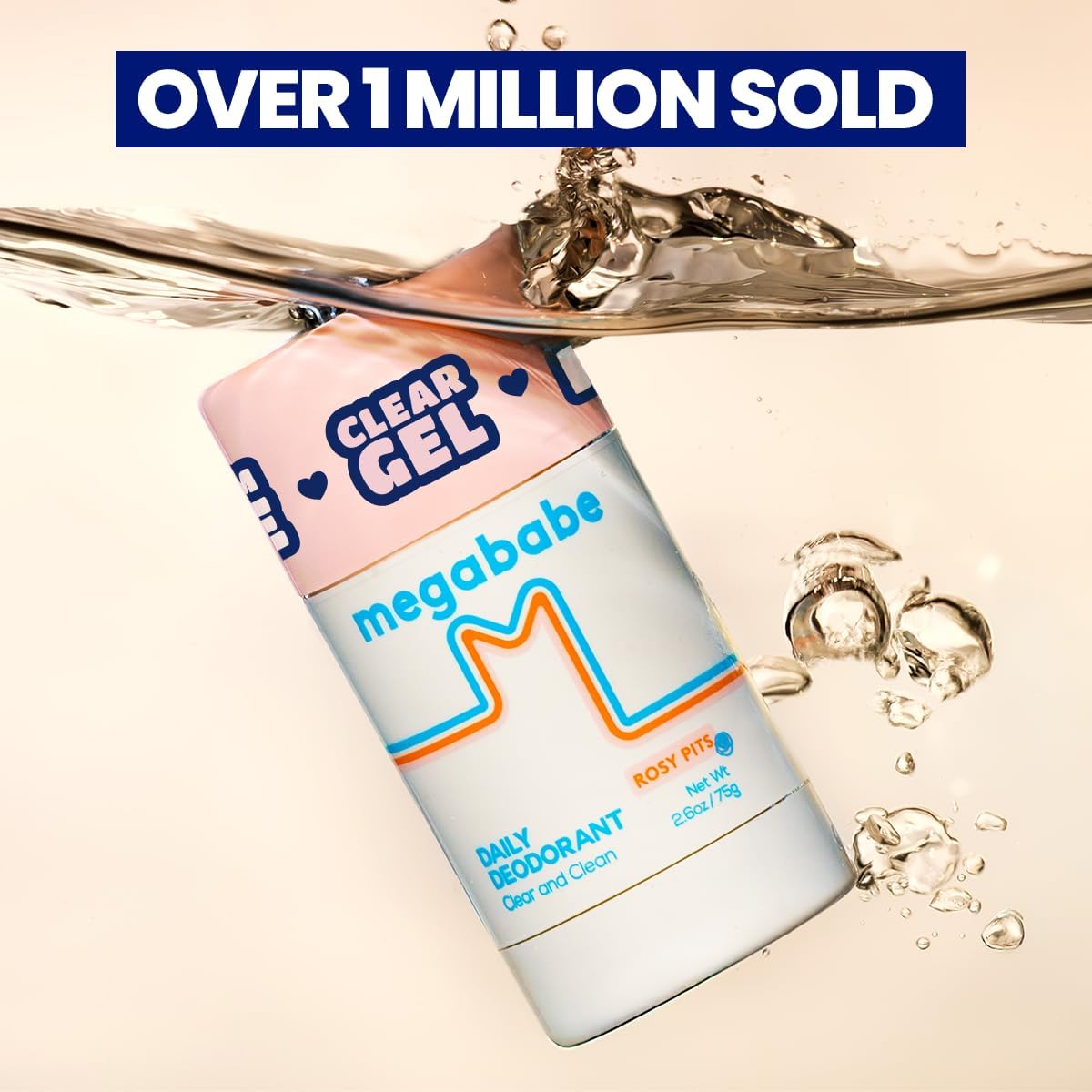 Megababe daily deodorant with water droplets and 'Over 1 Million Sold' text.