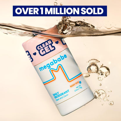 Megababe daily deodorant with water droplets and 'Over 1 Million Sold' text.