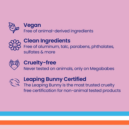List of Megababe product attributes including vegan, clean ingredients, cruelty-free, and Leaping Bunny Certified on a pink background.
