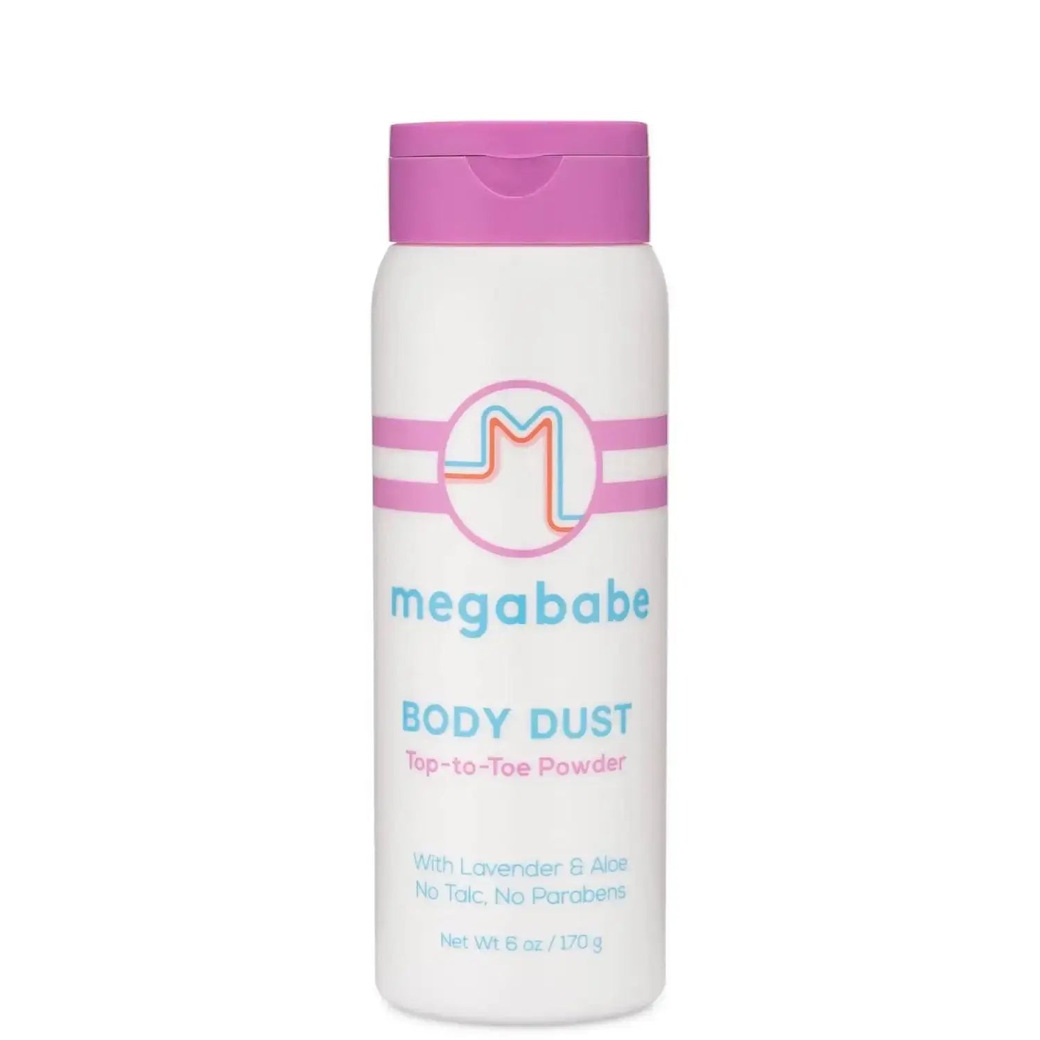 MEGABABE Body Dust Top-to-Toe Powder 170g bottle, talc-free with lavender and aloe, for skin soothing moisture absorption.