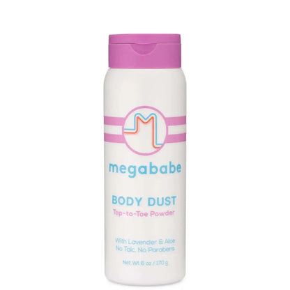 Megababe Body Dust Top-to-Toe Powder bottle with lavender and aloe, talc-free and designed for odor and sweat control.