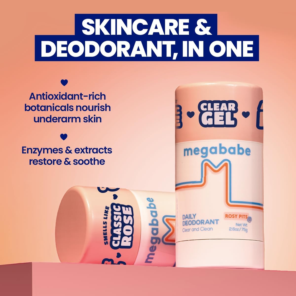 Two deodorant products with 'megababe' branding on a pink background.