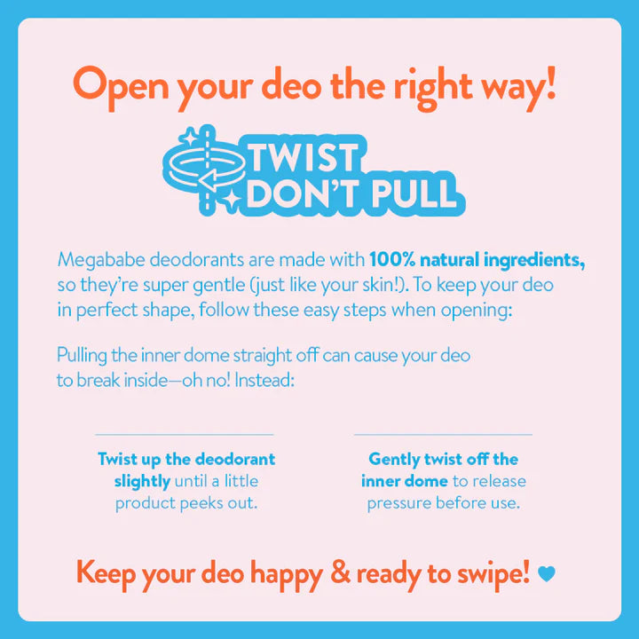 Megababe Instructional graphic on how to open a deodorant stick safely with text and icons.
