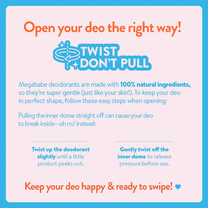 Megababe Instructional graphic on how to open a deodorant stick safely with text and icons.
