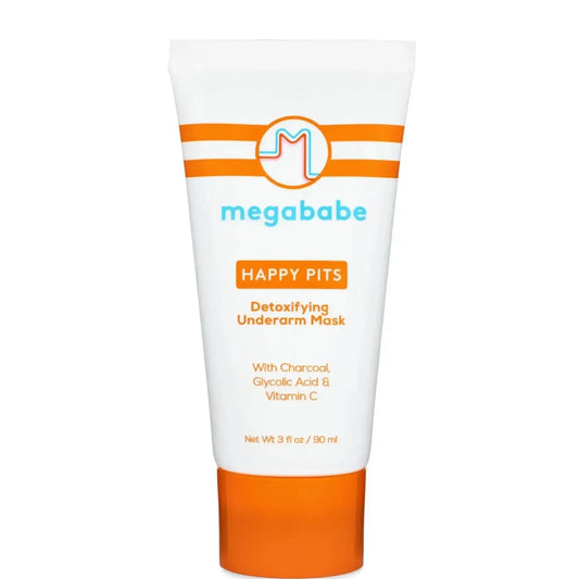 Megababe Happy Pits Detoxifying Underarm Mask 90ml tube with charcoal, glycolic acid, and Vitamin C.