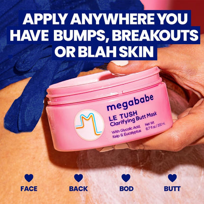 Pink mask container labeled 'megababe' held by a hand with text about its use on skin issues.