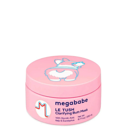Megababe Le Tush Clarifying Butt Mask 200ml jar with pink design, featuring a cute illustration of a dog butt.