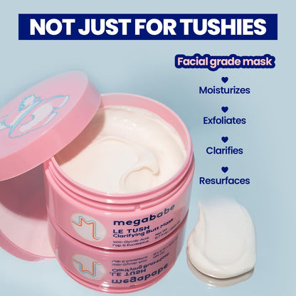 Megababe Pink facial grade mask jar with white cream, text highlighting benefits on a light blue background