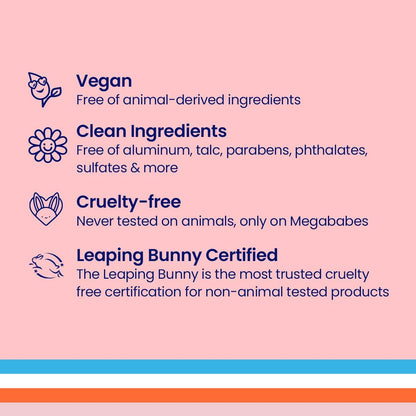 Megababe Certification badges for vegan, clean ingredients, cruelty-free, and Leaping Bunny Certified on a pink background.
