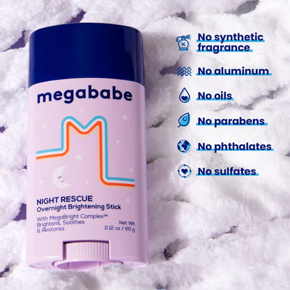 Megababe Night Rescue Overnight Brightening Stick on a white background with product features listed.