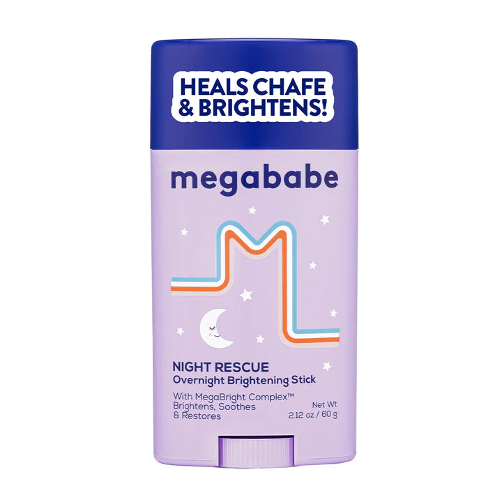Purple and blue packaging of megababe Night Rescue Overnight Brightening Stick on a white background