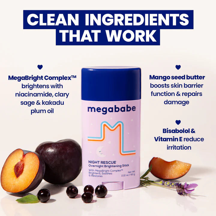 Megababe Night Rescue Overnight Brightening Stick with ingredients listed on a white background
