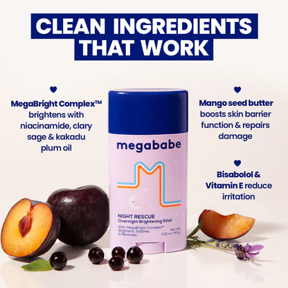 Megababe Night Rescue Overnight Brightening Stick with ingredients listed on a white background